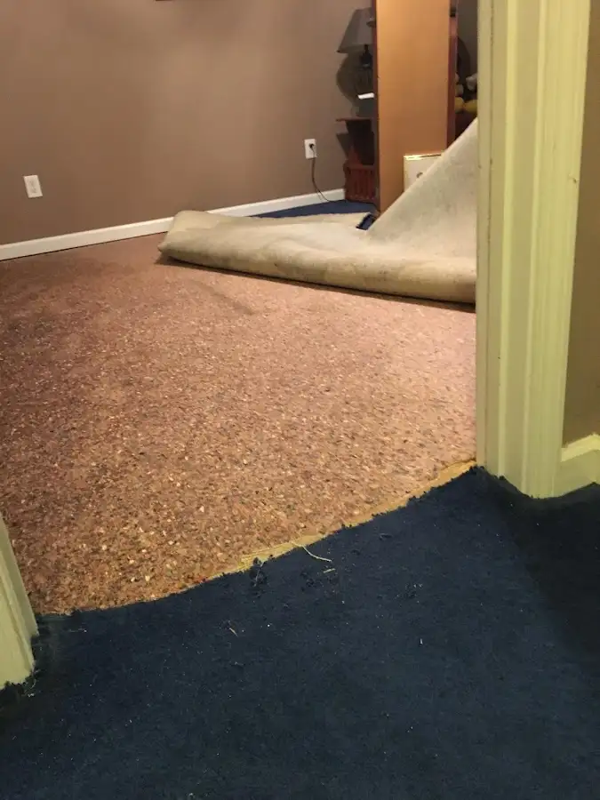 Carpet pad removal revealing water damage during Water Mitigation Services in Anderson Creek